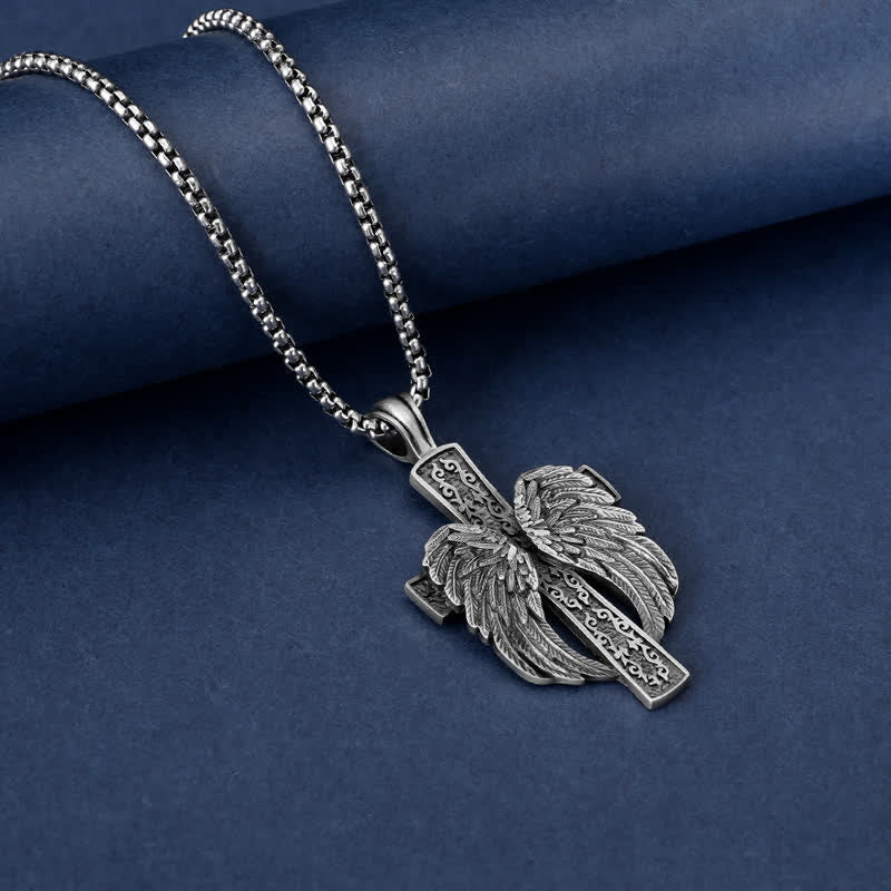 Men's Retro Cross Angel Wings Necklace