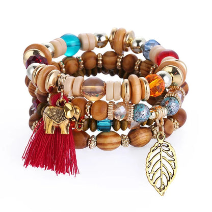 Bohemia Elephant Leaf Tassel Pendant Bracelet Set