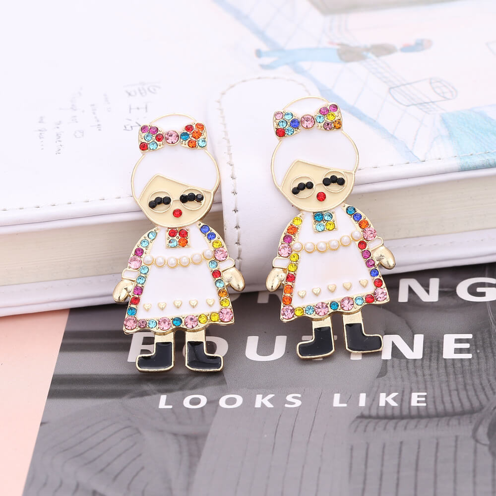 Christmas Cartoon Character Earrings New Christmas Grandma Dripping Oil Earrings Exaggerated Full Color Zircon Earrings