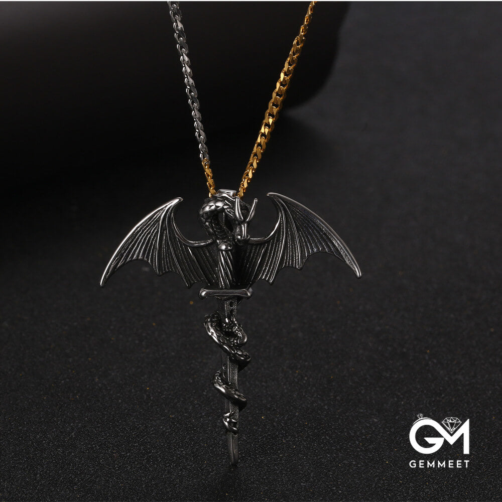 Titanium Steel Wing Dragon Sword Pendant Necklace