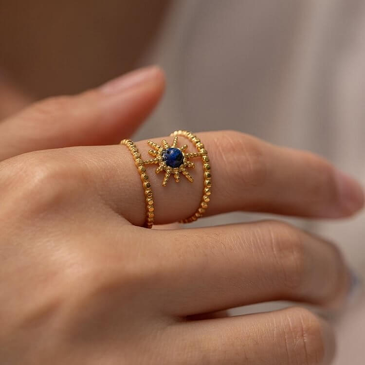 Sunflower Double Row Eight Pointed Star Gem Ring