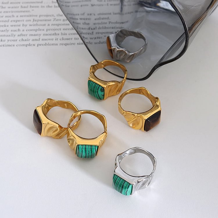 Square Malachite Tiger Eye Gold Silver Titanium Ring