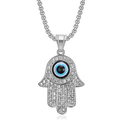 HIPHOP Gold Plated Zircon Blue Eyes Hand of Fatima Pendant