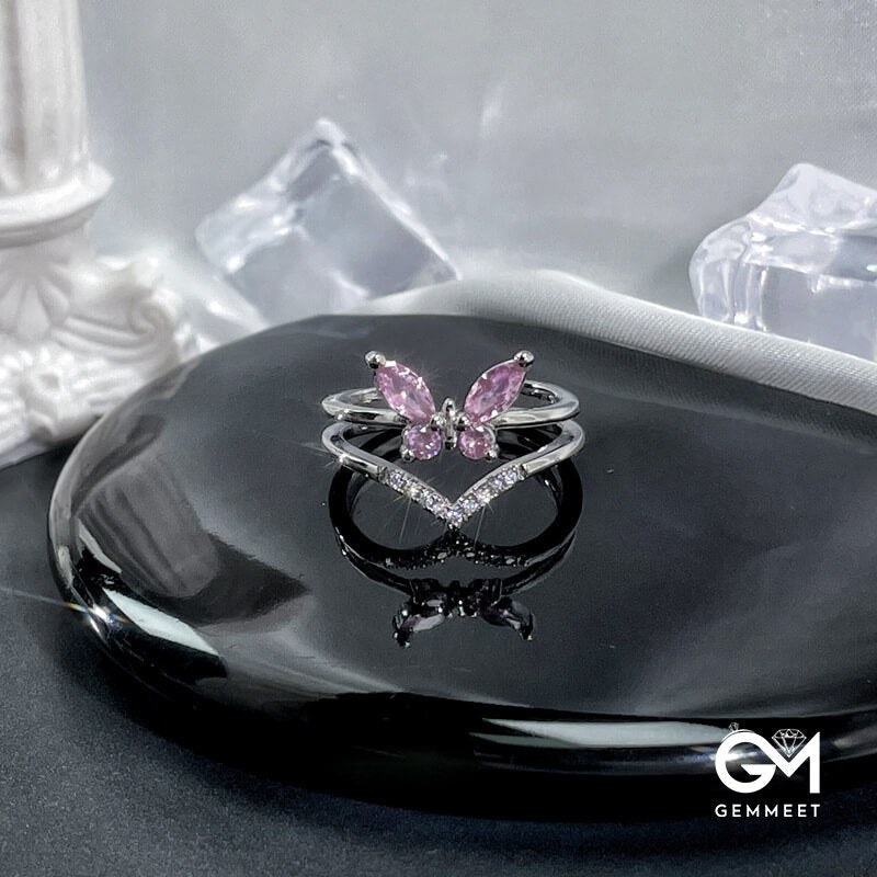 Heart Butterfly Pink Zircon Open Ring