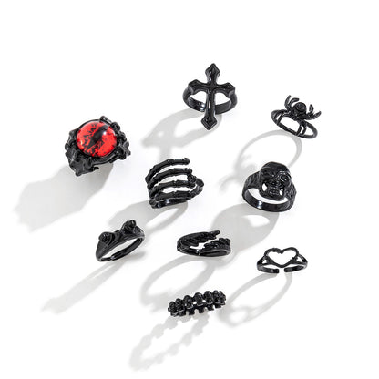 9 Pcs Black Cross & Halloween Symbol Ring Set