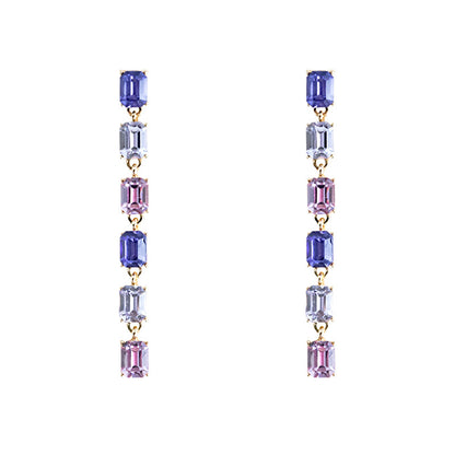 Multi-layered Rectangular Long Tassel Earrings with Colored Zircons