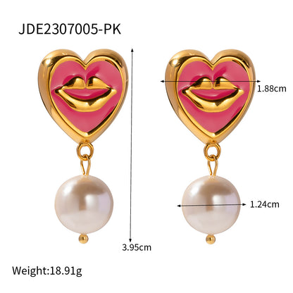 Cute Heart Shape Lip Totem Pearl Dangle Earrings