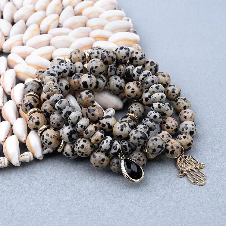 Natural Dalmatian Jasper Obsidian Hamsa Pendant Bracelet