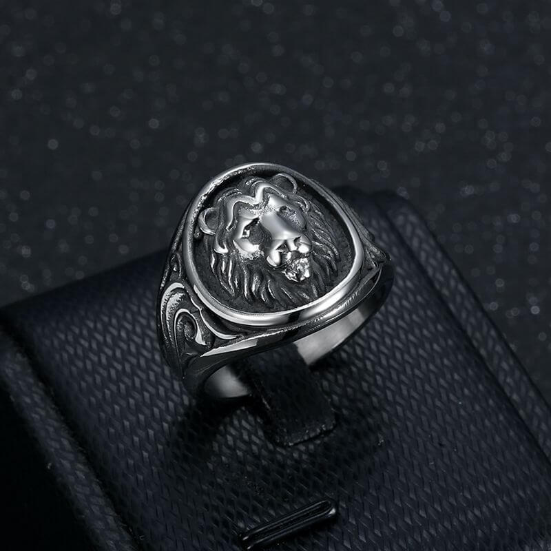 Vintage Punk Animal Lion Head Grass Pattern Men's Ring