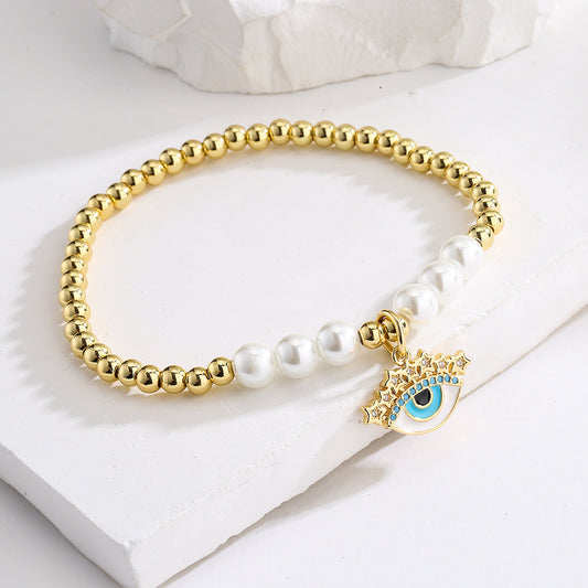 Halo Evil Eye Pendant Pearl Bead Bracelet