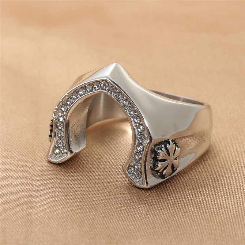 Titanium Steel Snowflake Inlaid Zircon Retro Trendy Men's Ring