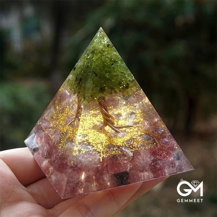 Tree of Life Peridot and Strawberry Quartz Orgone Pyramid