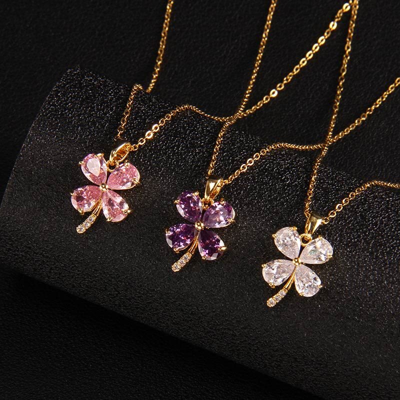 Zircon Four Leaf Clover Flower Necklace