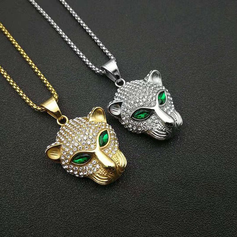 New Hip-hop Stainless Steel Inlaid Green Red Synthetic Cubic Zirconia Eyes Leopard Head Pendant for Men and Women