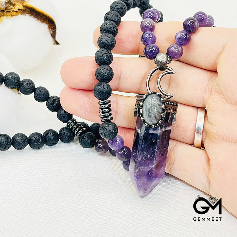 Amethyst Hexagon Prism Pendant Mala Necklace