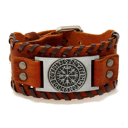 Nordic Viking Cowhide Bracelet Vintage Woven Compass Men's Leather Bracelet