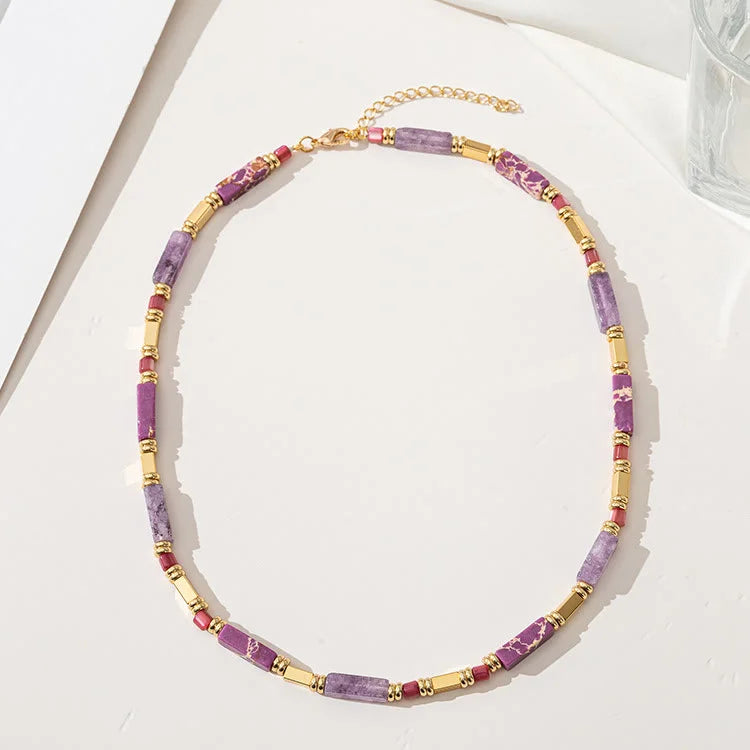 Geometric Rectangle Charoite Purple Emperor Stone Clavicle Necklace