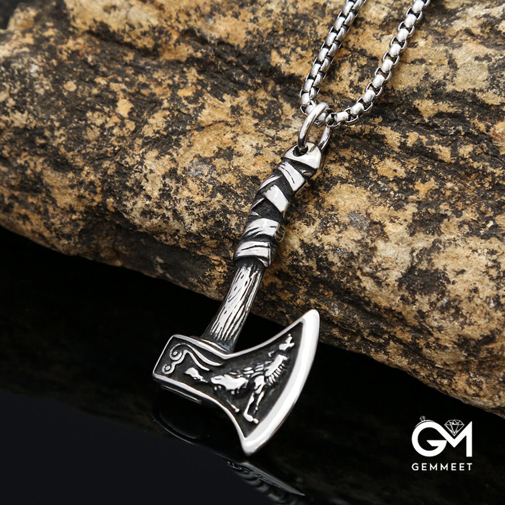 Viking Celtic Wolf Crow Double Axe Necklace