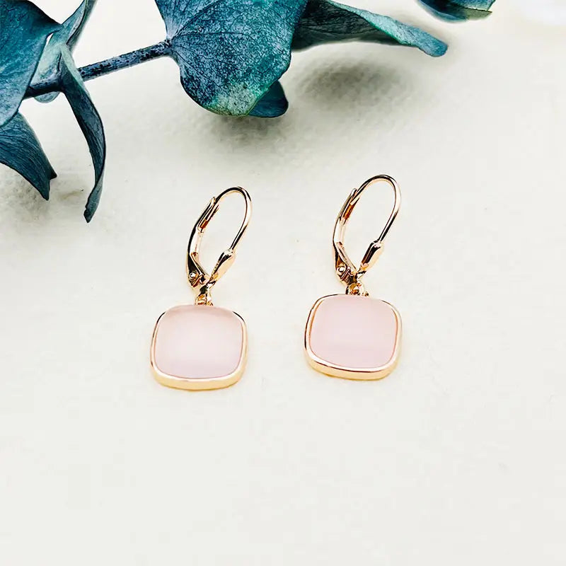 Square Pink Gem Rose Gold Dangle Earrings