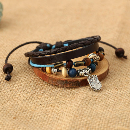 Vintage Beaded Leather Statement Owl Charm Leather Bracelet