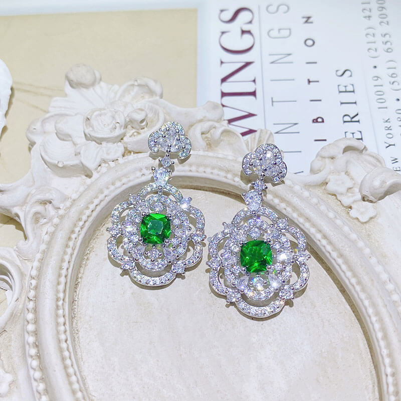 Flower Fairy Earrings Micro-studded Diamond Retro Court Style Emerald Long Earrings