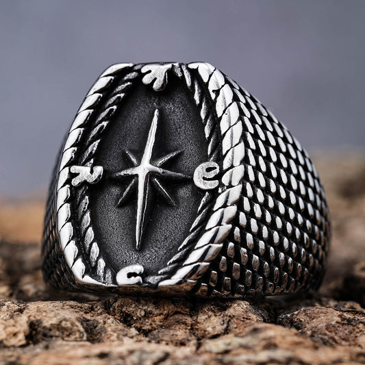 Titanium Steel Men's Compass Totem Ring