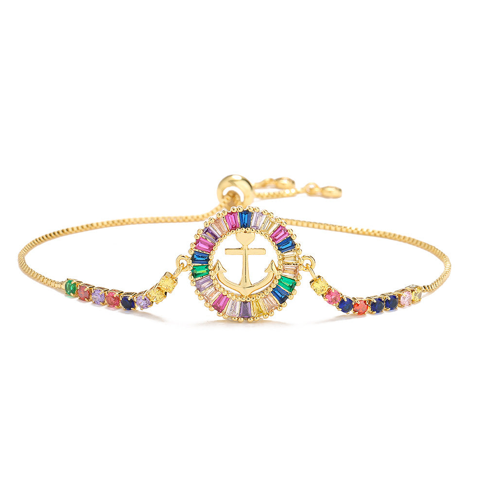 Hollow Halo Colors Stones Ship Anchor Pendant Bracelet