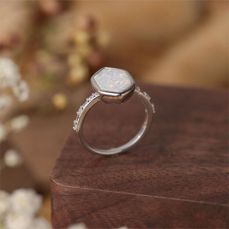 Hexagon Opal Rough Zircon Ring