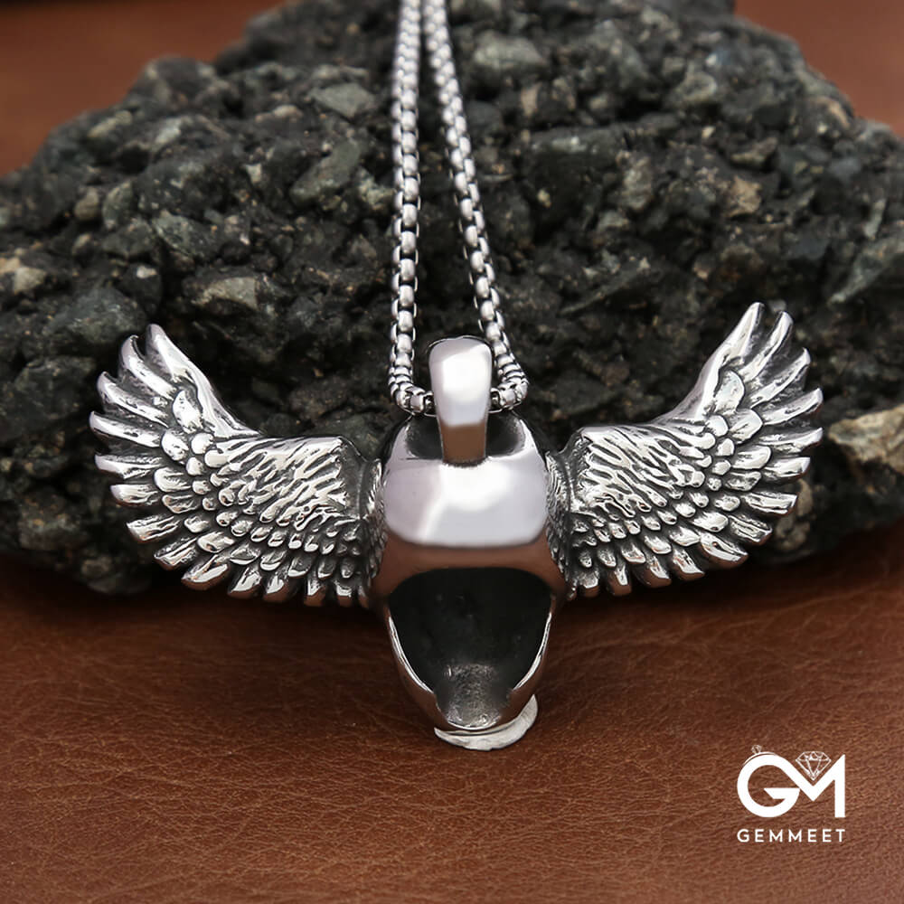 Stainless Steel Feathered Skull Necklace