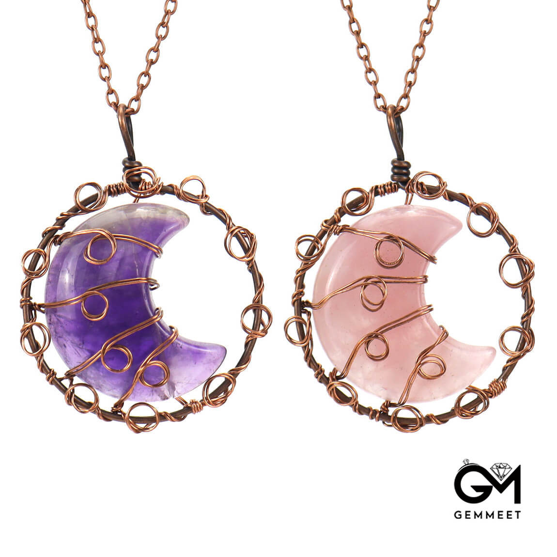 Copper Wire Crystal Moon Necklace