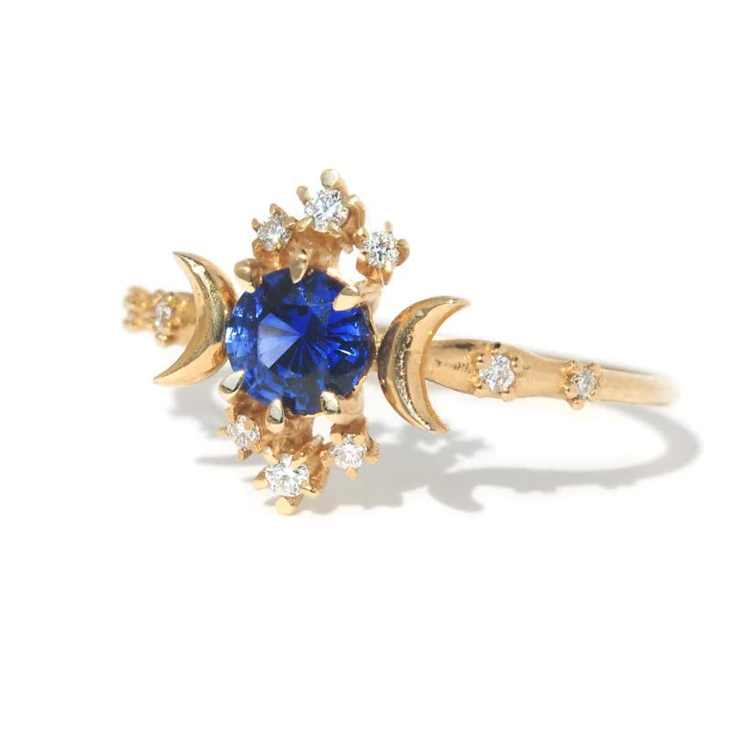 Delicate Gold Sapphire Moon And Star Ring