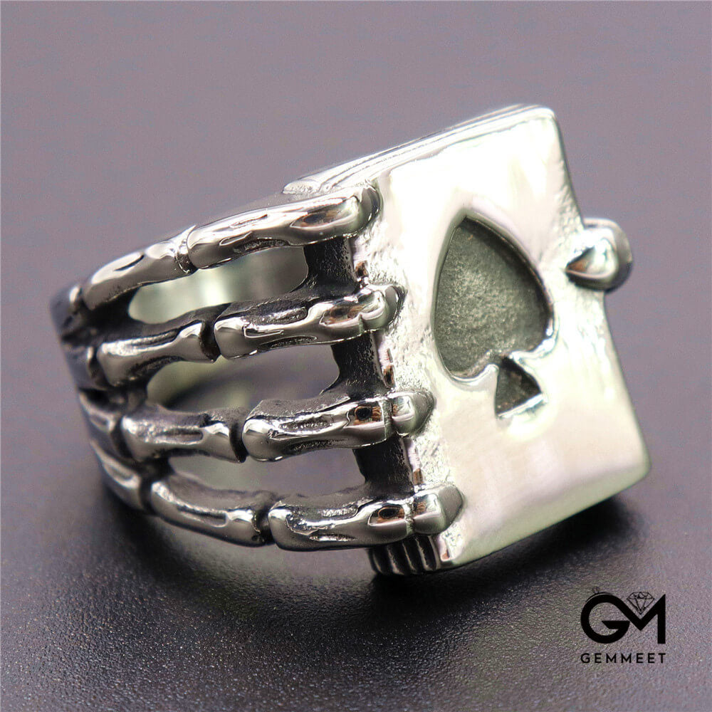 Stainless Steel Skull Holding Spades Shape Ring