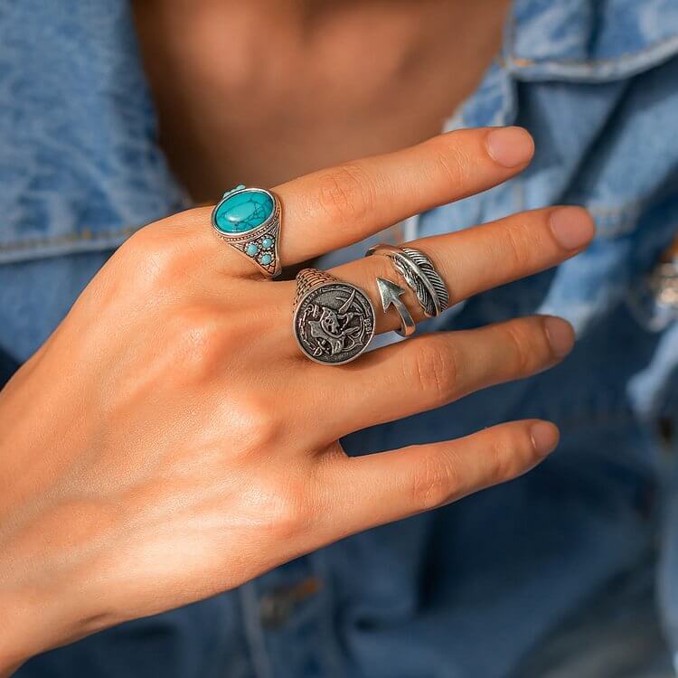 Turquoise Arrow Feather Skull Ring Set