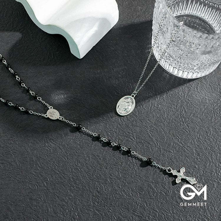 Obsidian Beaded Cross Rose Necklace