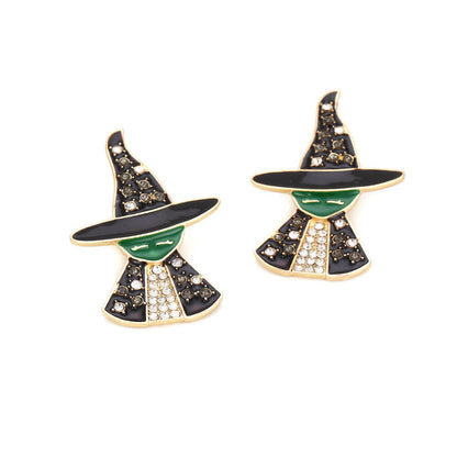 Halloween Witch Stud Earrings Alloy Inlaid Zircon Retro Drip Oil Figure Earrings