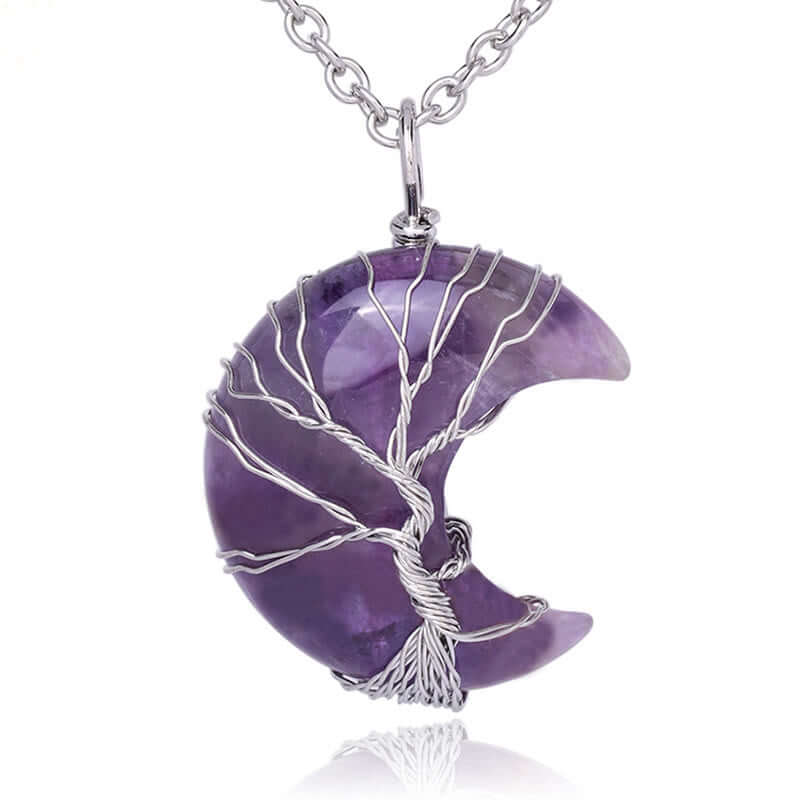 Natural Quartz Crystal Moon Tree Of Life Healing Energy Necklace Pendant