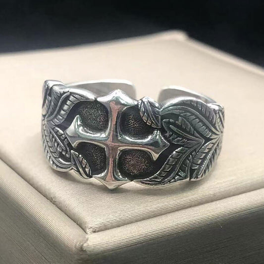 Vintage Men's Leaf Pattern Cross Ring