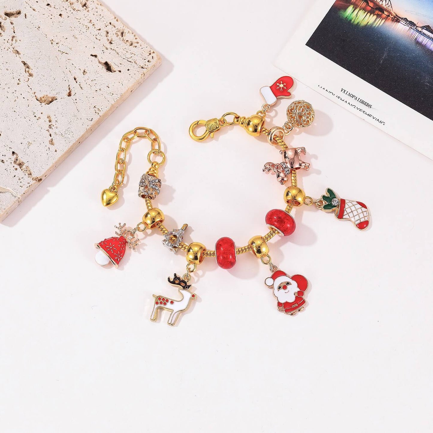 Christmas Trend Gold Beaded Snowflake Fawn Charm Bracelet