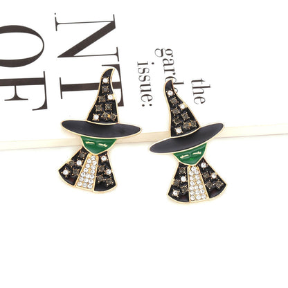 Halloween Witch Stud Earrings Alloy Inlaid Zircon Retro Drip Oil Figure Earrings