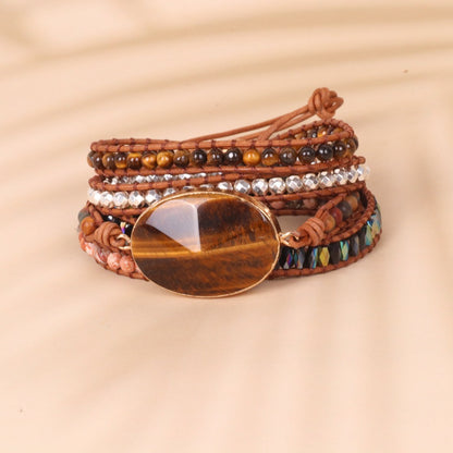 Tiger Eye Woven Leather Bracelet Beaded