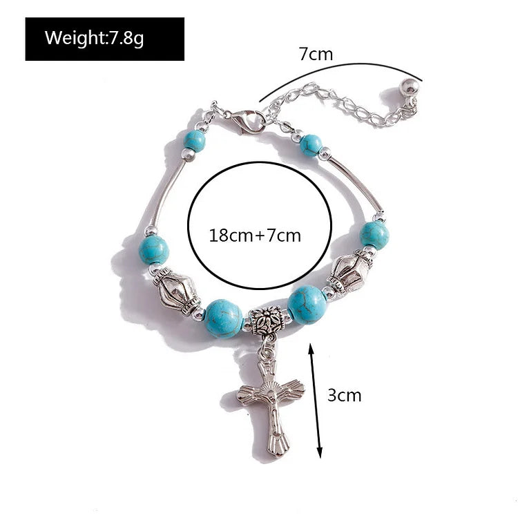 Turquoise Beaded Silver Cross Pendant Bracelet