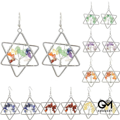 Hexagon Star Gravel Crystal Tree of Life Earrings