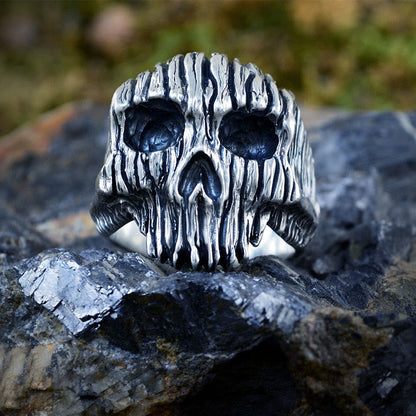 Cool Silver Striped Skull Ring