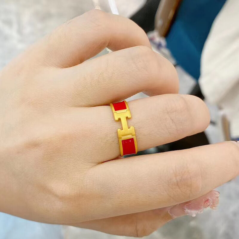 Red Enamel Color Epoxy Women's Fashion H Letter Open Ring 3D Gold Color Ring