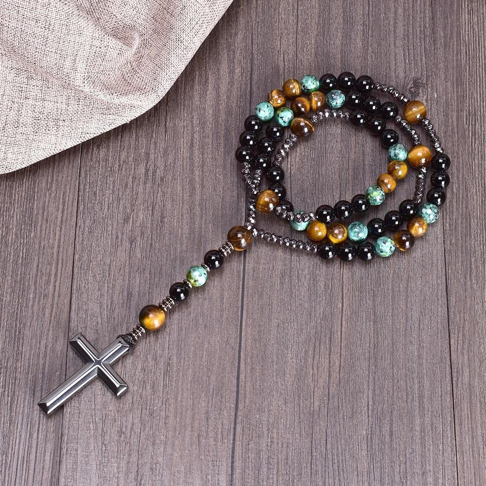 Cross Catholic Natural Stone Rosary Pendant Necklace