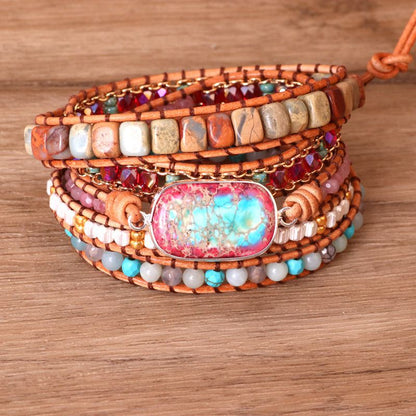 Colorful Pendant Multi-layer Woven Leather Wrapped Bracelet