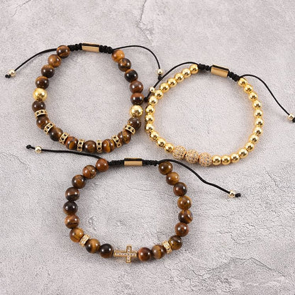 3Pcs/Set Tiger Eye Stone Beaded Men Cross Bracelet