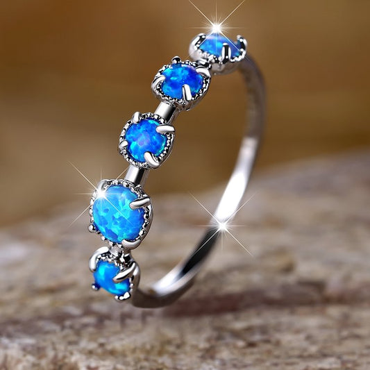 Five Blue White Opal Simple Designs Ring