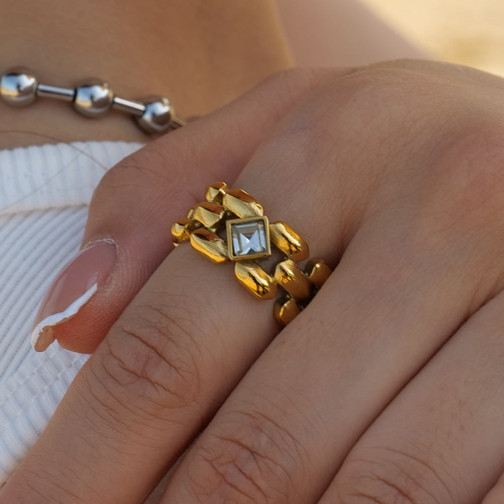 Stainless Steel Symmetrical Square Zircon Ring