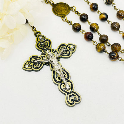 Tiger Eye Cross Pendant Rosary Necklace